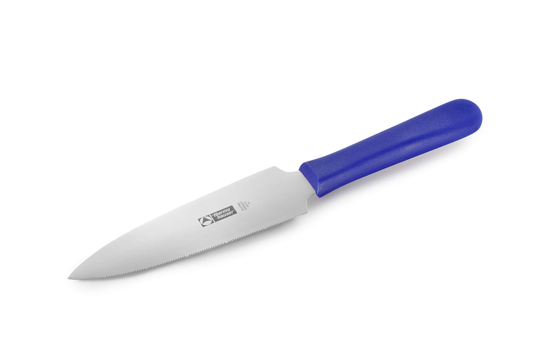 thermohauser Tortenmesser (Stahl, rostfrei), beidseitiger Sägen- und Flachschliff, blauer Kunststoff