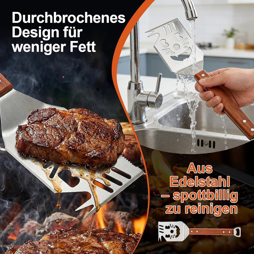 Grillbesteck Set 3-TLG, 8 in 1 BBQ Grillspachtel mit Holzgriff, EdelstahI, 42 * 9.5cm Einzigartige G