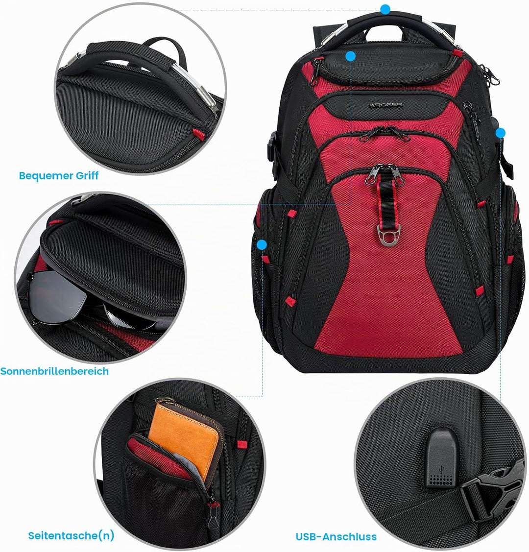 KROSER Laptop Rucksack Herren 17,3 Zoll Reise XL BusinessRucksack Schwerlast Wasserdicht mit Hartges