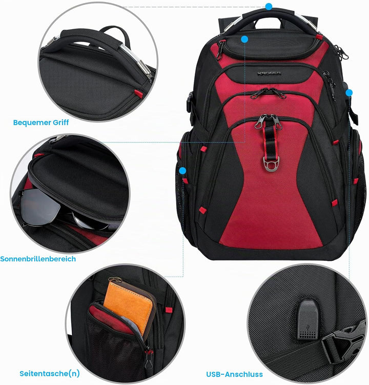 KROSER Laptop Rucksack Herren 17,3 Zoll Reise XL BusinessRucksack Schwerlast Wasserdicht mit Hartges