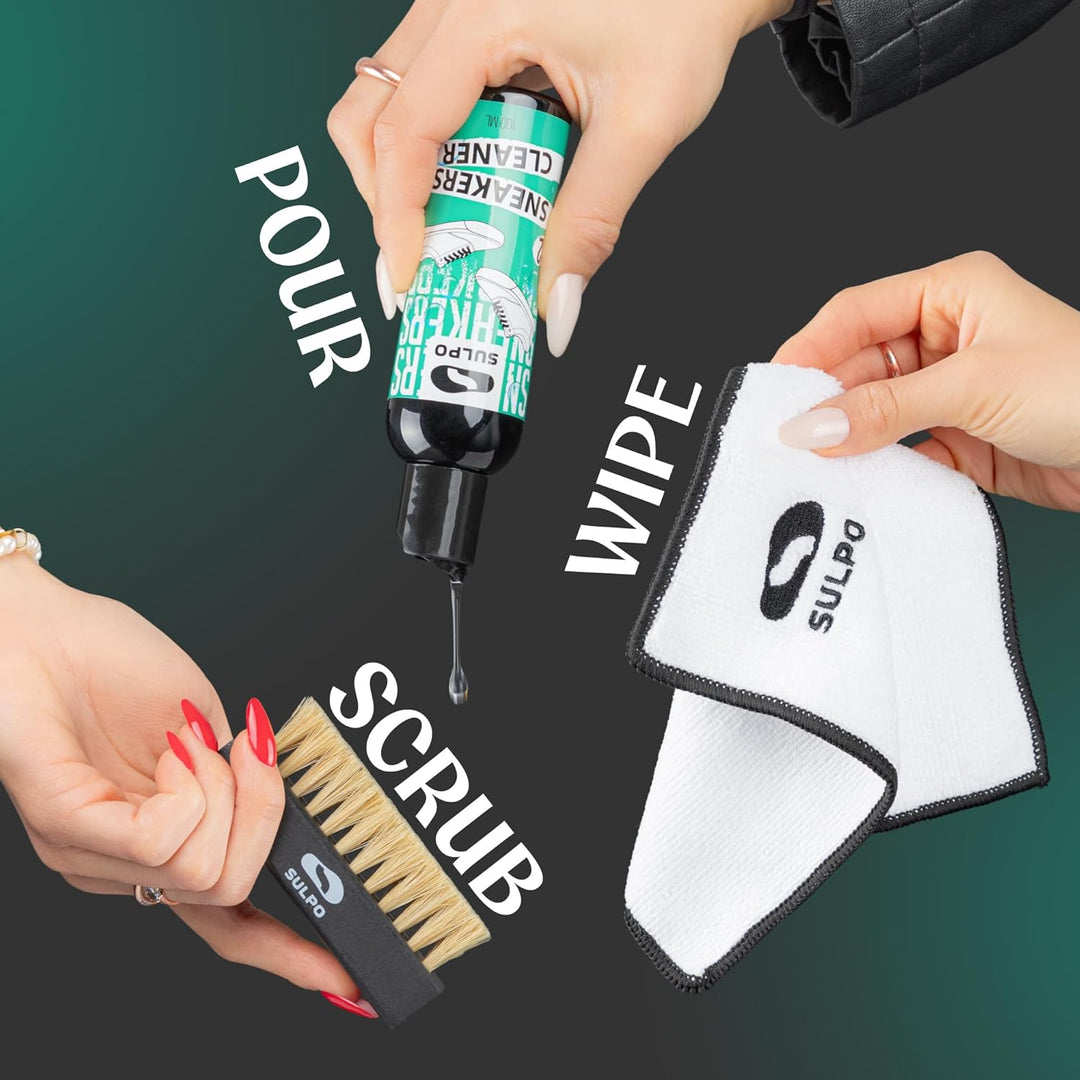 SULPO Sneaker Reinigungsset – pH-Neutrale Schuhputzsets, Bürste & Mikrofasertuch, Schonend für Leder