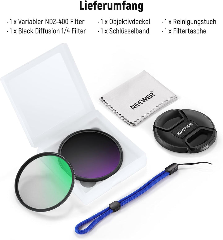 NEEWER 72mm Variables ND und Black Diffusion 1/4 Filter Set, 2er Pack, mehrfach beschichtetes optisc