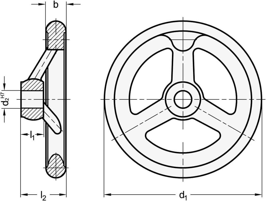 Ganter Normelemente | Handrad Aluminium | DIN 950-AL-160-B14-A | Durchmesser d1: 160mm; Bohrung d2: