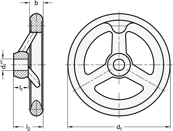 Ganter Normelemente | Handrad Aluminium | DIN 950-AL-160-B14-A | Durchmesser d1: 160mm; Bohrung d2: