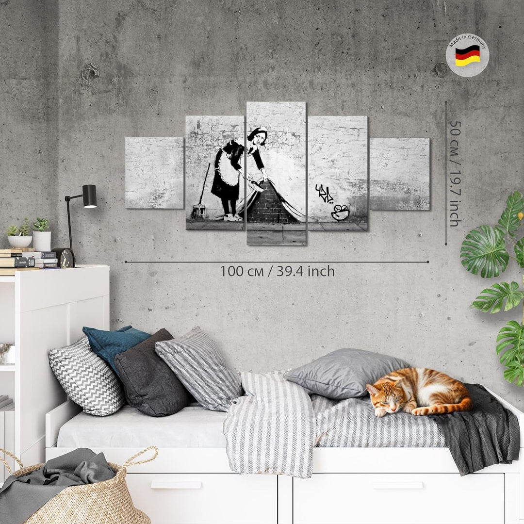 Runa Art Wandbilder Maid Banksy 5 Teilig Bild auf Vlies Leinwand Deko Loft Wohnzimmer Art Schwarz We
