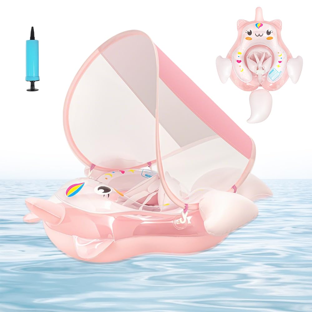 Baby Schwimmring mit Sonnendach Entfernbar, Schwimmring Baby mit Verstellbarer Sicherheitssitz, Kipp