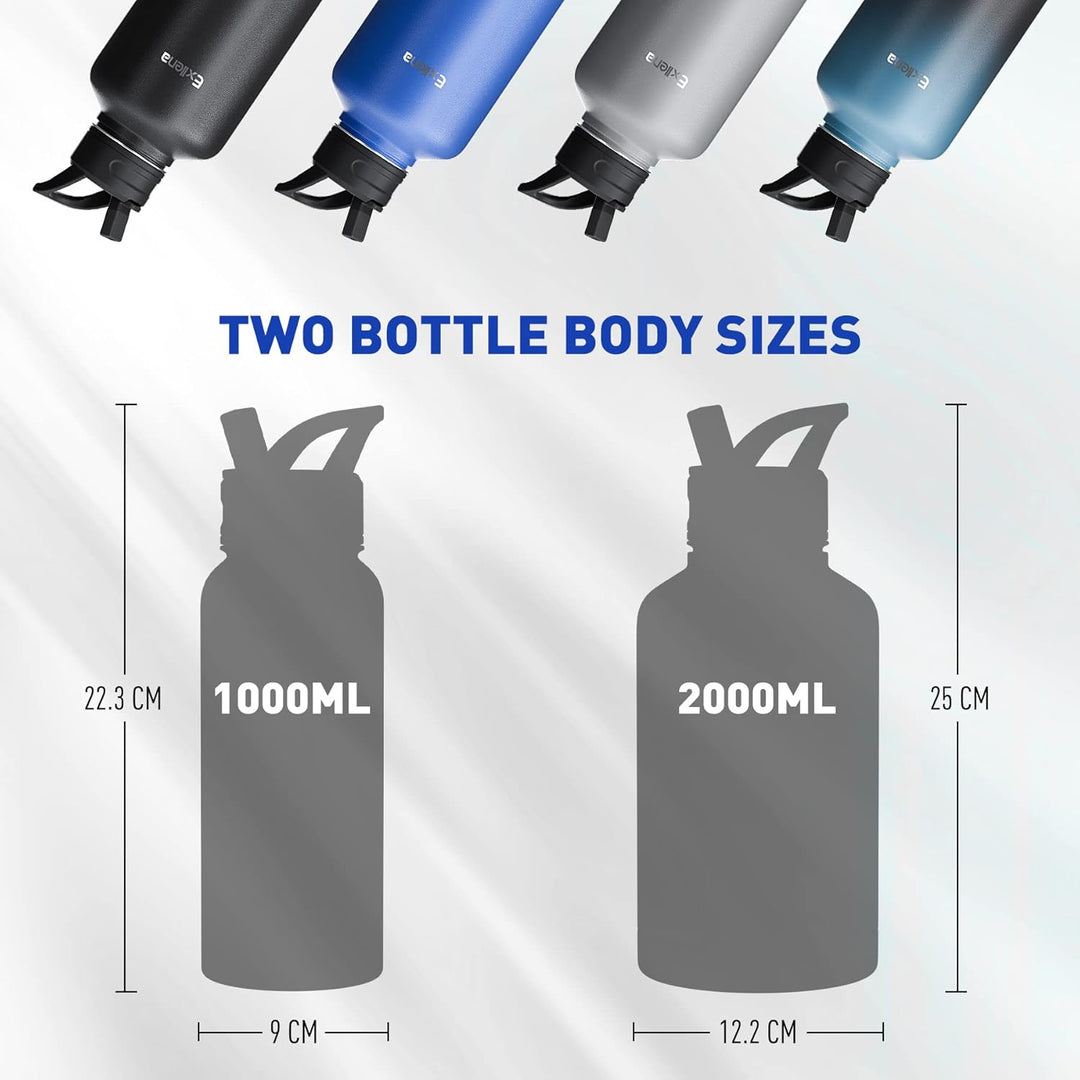 Exllena 2 Liter Edelstahl Wasserflasche, doppelt isolierte Wasserflaschen mit zwei Deckeln und schüt