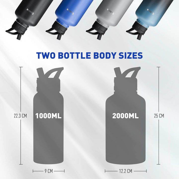 Exllena 2 Liter Edelstahl Wasserflasche, doppelt isolierte Wasserflaschen mit zwei Deckeln und schüt
