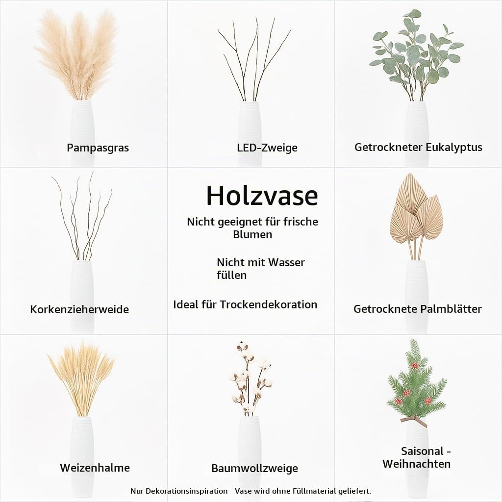 Leewadee Grosse Bodenvase für Dekozweige hohe Standvase Design Holzvase, Holz, 70 cm, Weiss 70 cm We