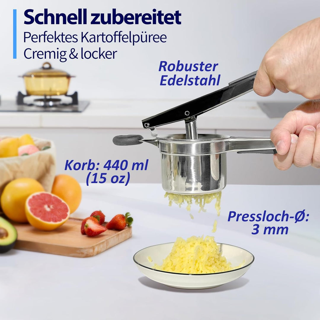 Kartoffelpresse Edelstahl, 405ML | Mit fester Ricer-Scheibe für fluffiges Kartoffelpüree | Silikongr