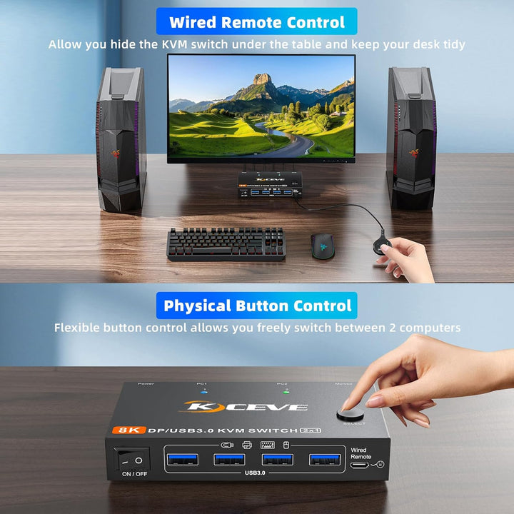 KVM Switch 2 PC 1 Monitor DP 4K@144Hz, USB 3.0 KVM Switch Displayport 2.1 Teilen 4 USB 3.0 Ports Tas