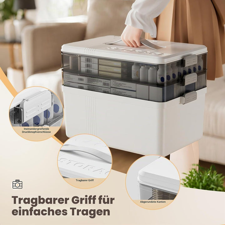 3-Tier Medikamenten Aufbewahrung Grosse - Medikamenten Organizer mit Griff - Kunststoff Hausapotheke