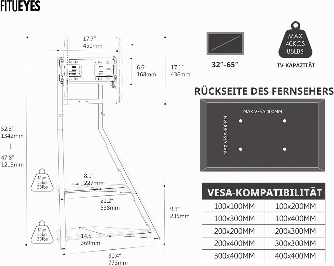 FITUEYES Design TV Ständer Rollbar, Mobiler TV Stand mit Rollen für 32 40 43 55 65 Zoll Flach & Curv