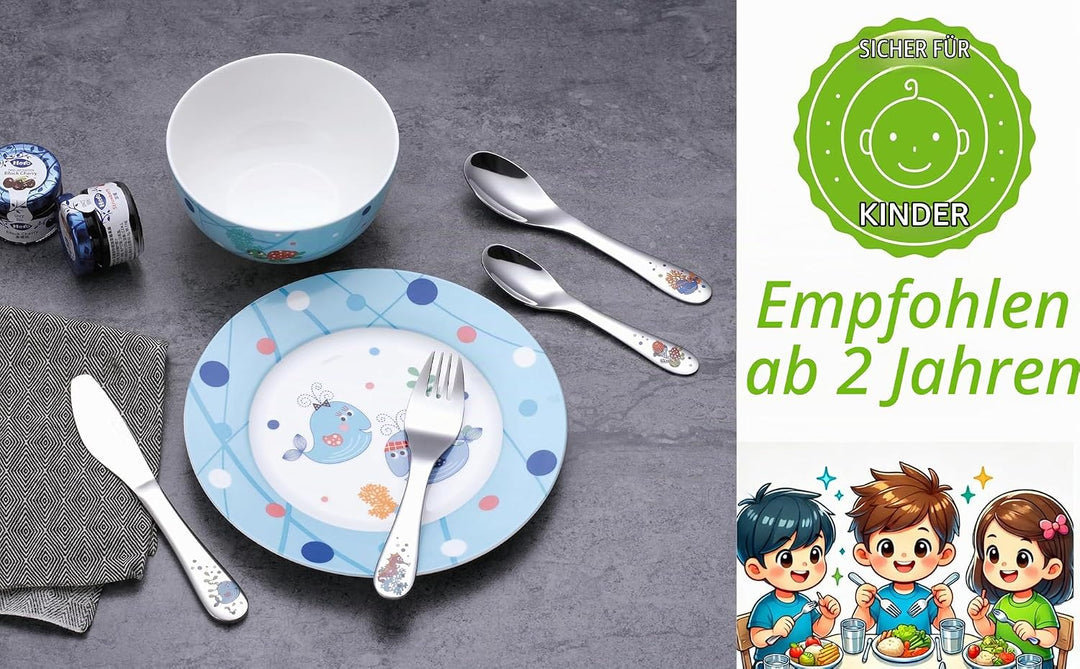 Exzact Besteck Geschenkset 6 Stücken aus Edelstahl/Kindergeschirr - 1 x Schale, 1 x Teller, 1 x Tafe