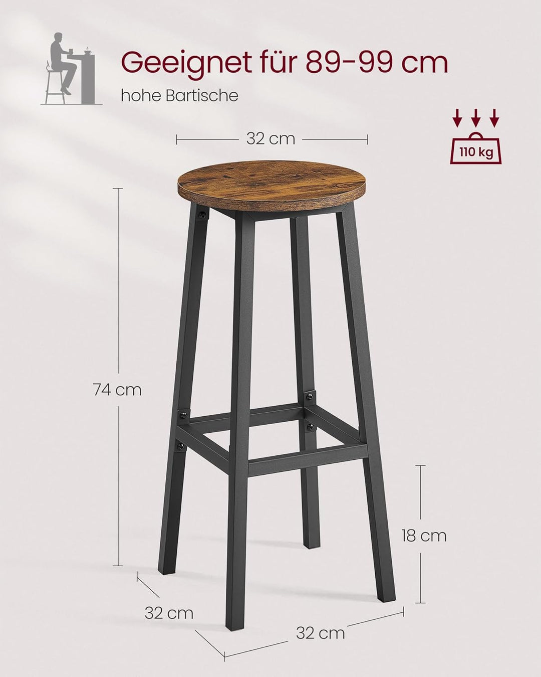 VASAGLE Barhocker, 2er Set, Barstühle, Küchenstühle mit Metallgestell, einfache Montage, 74 cm hoch,