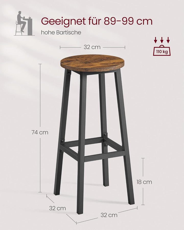 VASAGLE Barhocker, 2er Set, Barstühle, Küchenstühle mit Metallgestell, einfache Montage, 74 cm hoch,