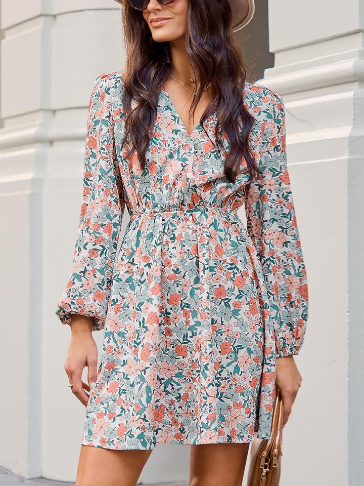 CUPSHE Damen Kleid V Ausschnitt Langarm Wickeloptik Blümchenkleid Freizeitkleider Wrap Mini Dress XL