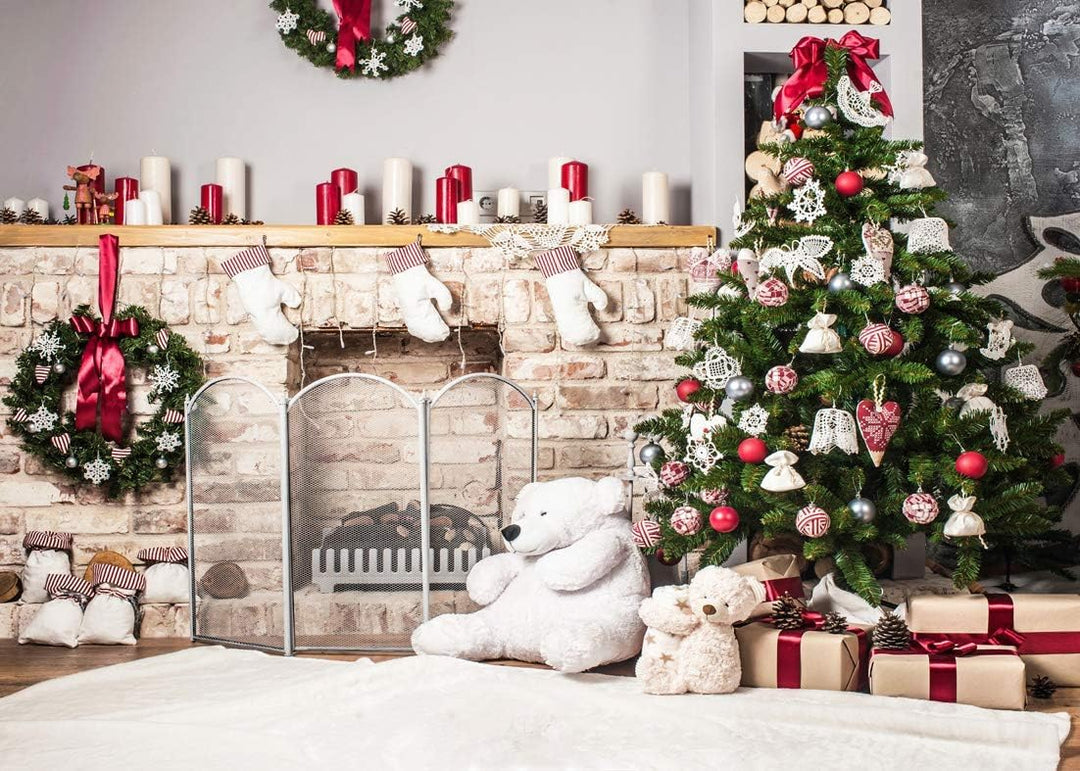 AIIKES 8x6FT Weihnachtsfotografie Hintergrund Weihnachtsbaum Geschenk Kamin Hintergrund Baby Neugebo