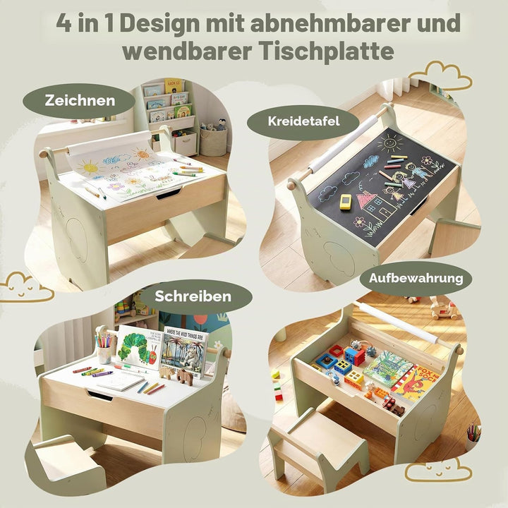 FANTASK 4 in 1 Holz Kindertisch mit Stuhl, wendbare &amp; abnehmbare Tischplatte, Maltisch mit Stauraum