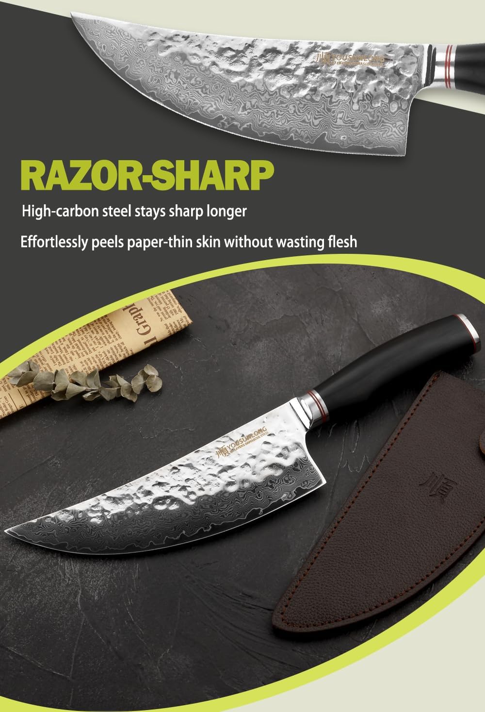 YOUSUNLONG Hackmesser Outdoor Damaststahl Metzgermesser Klinge 20,6 cm - Geschmiedeter Fleischermess