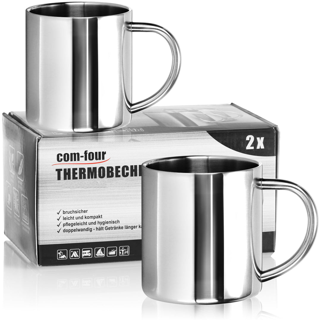com-four® 2x Edelstahl Thermobecher - 300 ml je Becher - Isolierbecher doppelwandig - Kaffeetasse br
