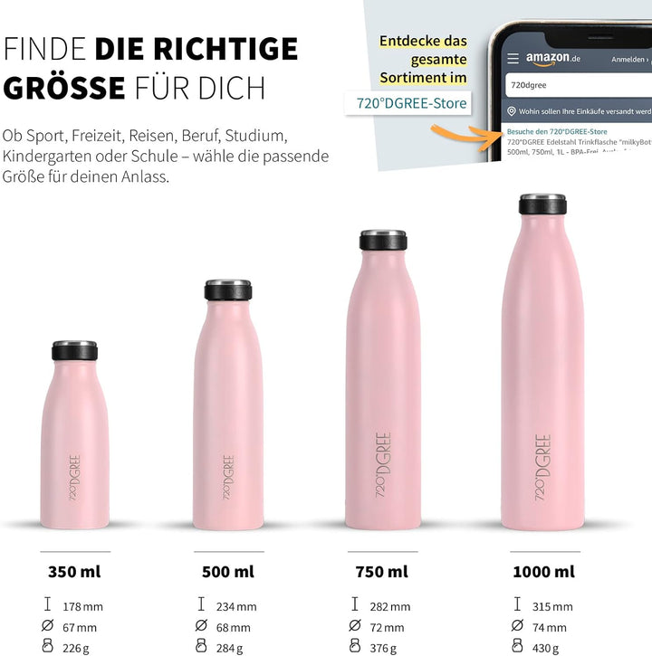 720°DGREE Edelstahl Trinkflasche “milkyBottle” - 750ml - BPA-Frei, Auslaufsicher, Kohlensäure geeign