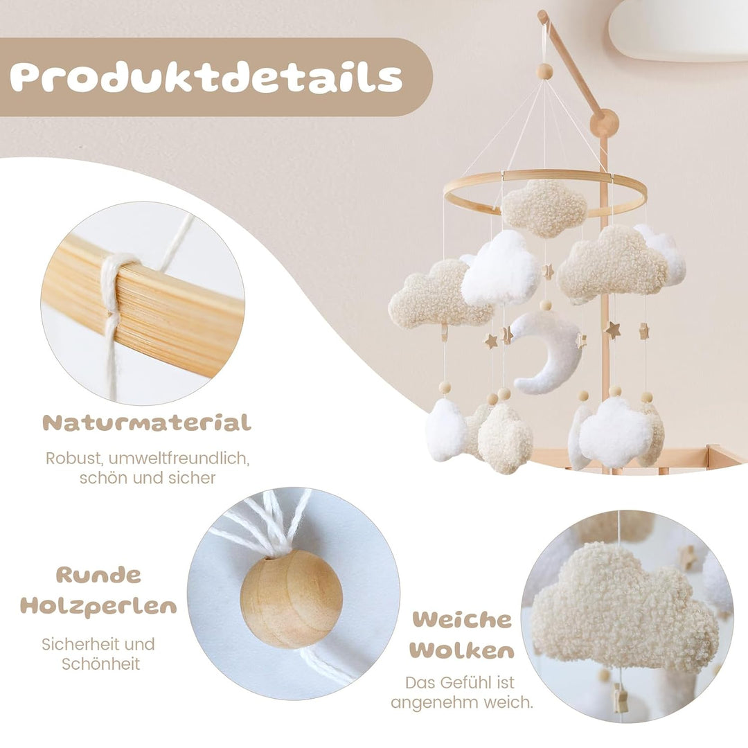 3D Wolken Mond Sterne Mobiles Baby, Babybett Mobile, Windspiele Baby Mobile Halterung Wickeltisch An