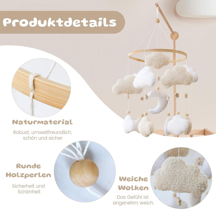 3D Wolken Mond Sterne Mobiles Baby, Babybett Mobile, Windspiele Baby Mobile Halterung Wickeltisch An