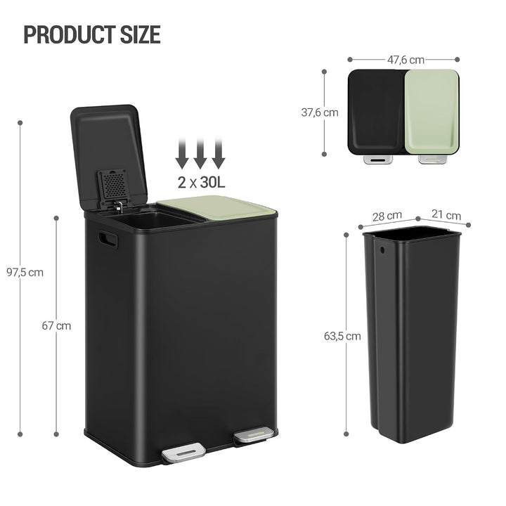 Hzuaneri Mülleimer Küche, 2 x 30 L, Mülltrennsystem 2 Fächer, Mülleimer mit Farbigem Soft-Close-Deck