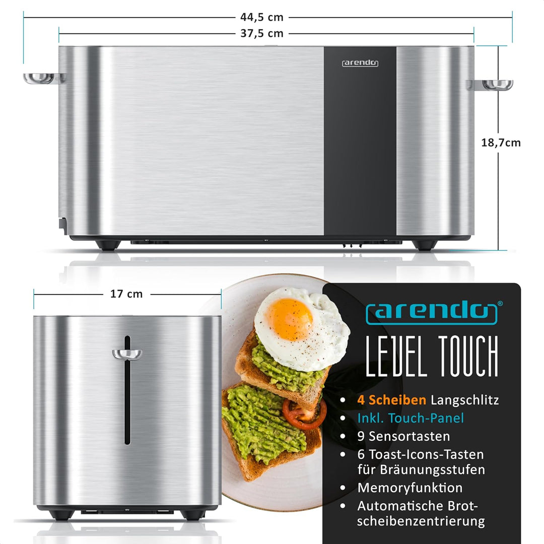 Arendo - Edelstahl Toaster 4 Scheiben Langschlitz - Touchscreen – Doppelwandgehäuse – 1500 W – Integ