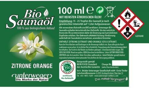 Unterweger BIO Saunaöl Zitrone Orange 100 ml mit reinen ätherischen Ölen(AT-BIO-301)
