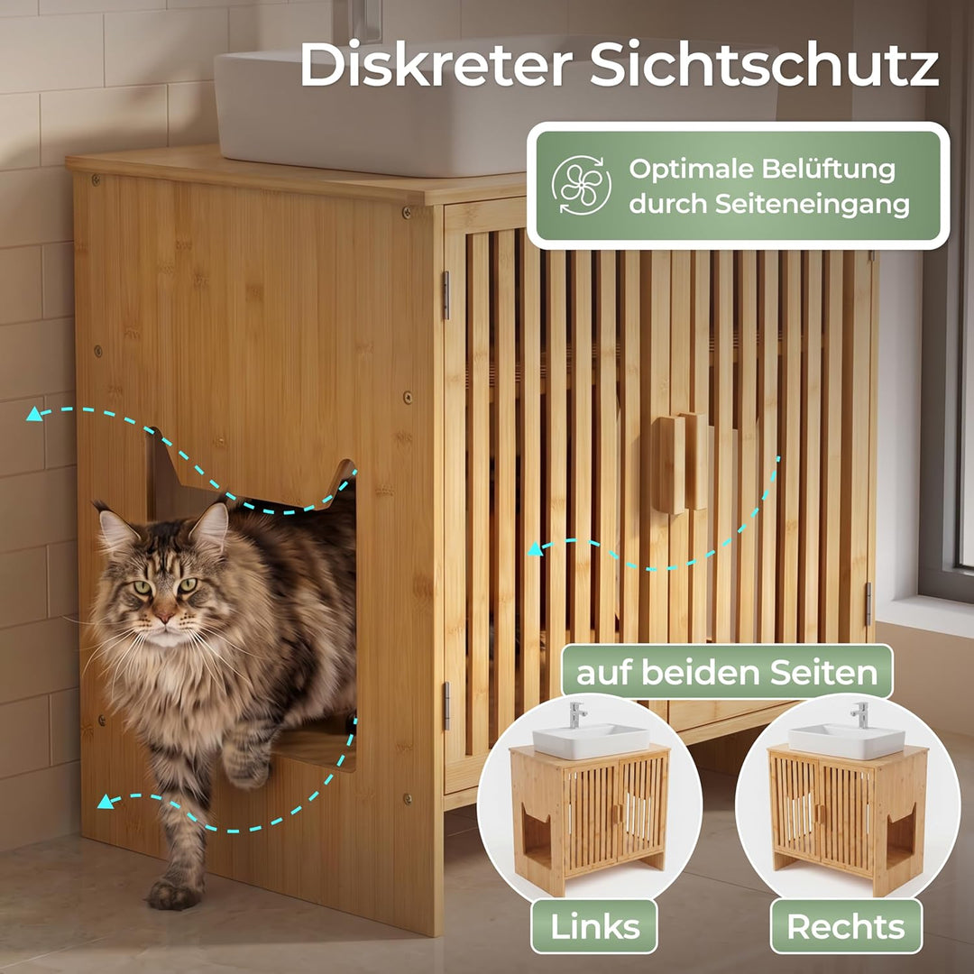 WOOWOOD Katzenklo Waschbeckenunterschrank aus Bambus - Extrem Feuchteresistent - Katzenklo Schrank -
