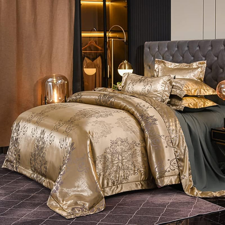 DXHOME Bettwäsche 200x200 Gold Satin Blumen Jacquard Seiden Glänzend Glitzer Bettwäsche Blumenmuster