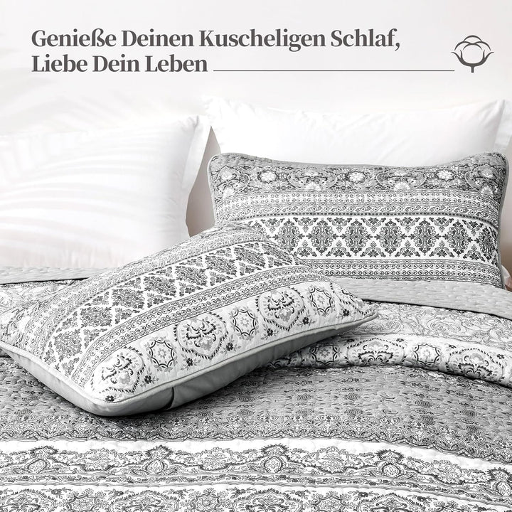 WONGS BEDDING Tagesdecke 220x240 Bettüberwurf Boho Decke Steppdecke 3 Teilig Doppelbett Gesteppt Bet