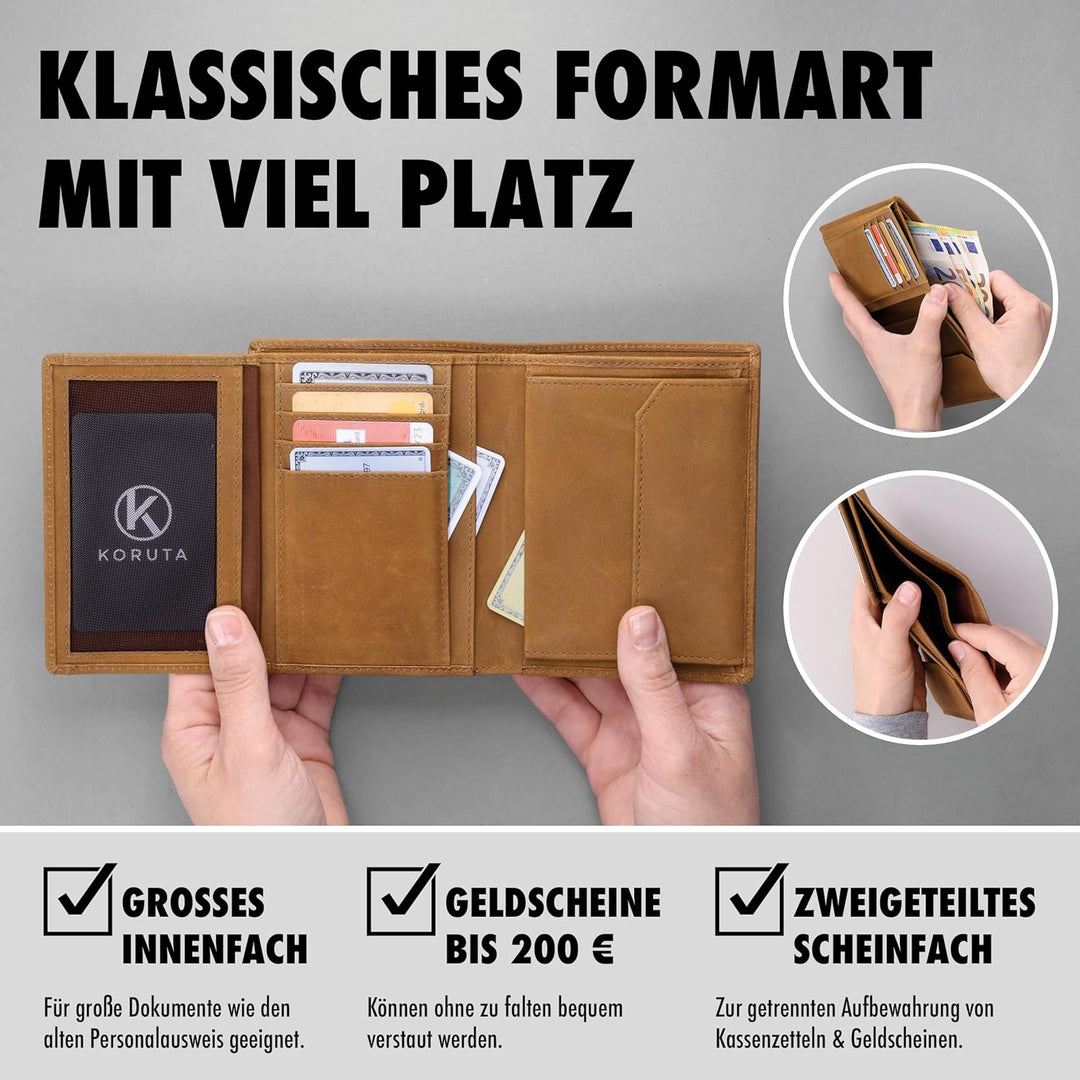 KORUTA® Leder Geldbörse Herren mit RFID Schutz I Portemonnaie Gross mit Münzfach I 13 Fächer I Echtl