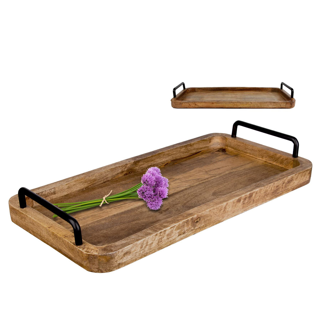 BigDean Serviertablett aus Mangoholz - 60 x 30 x 3 cm - Vintage Holz Tablett - UNIKAT - Holztablett