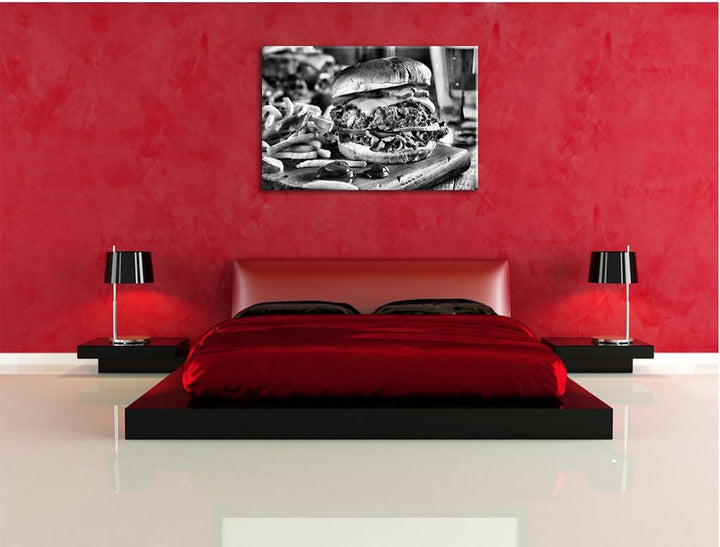 Pixxprint Saftiger Chili Cheese Burger als Leinwandbild/Grösse: 100x70 cm/Wandbild/Kunstdruck/fertig