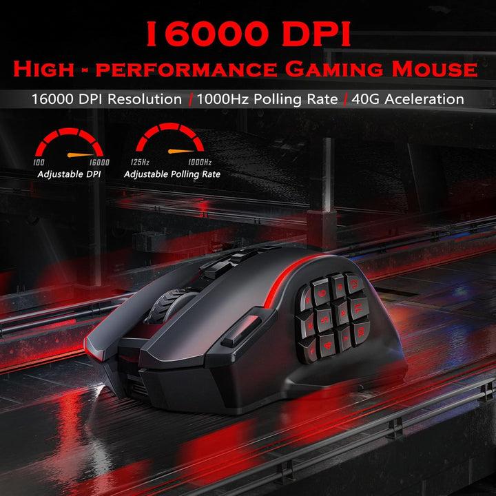 Redragon Wireless Gaming Maus RGB, 16000 DPI, Optische 2.4G/USB-C MMO Maus mit 16 Programmierbaren T