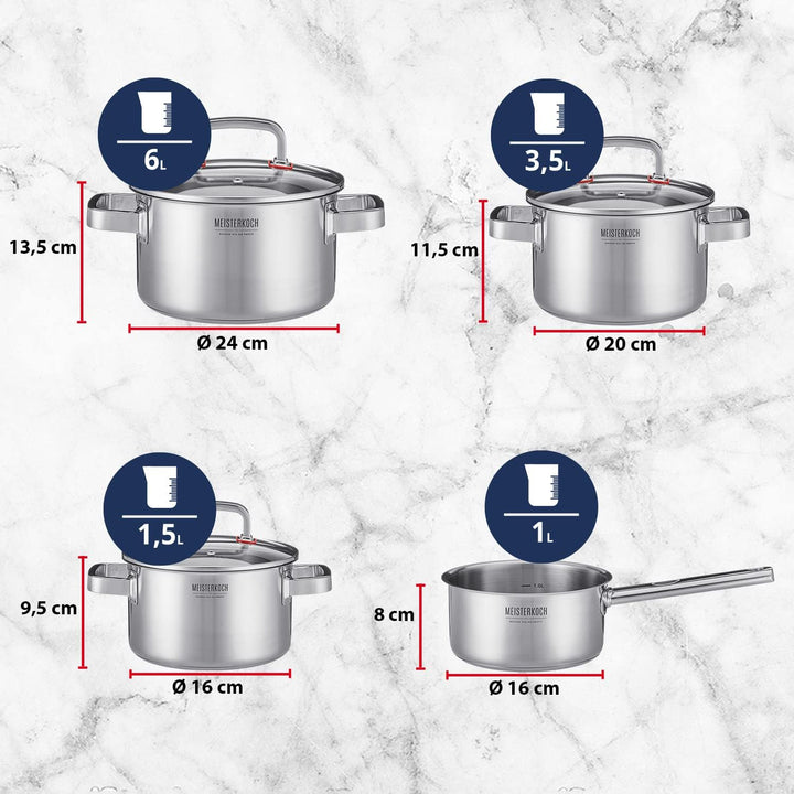MEISTERKOCH Premium-Topfset aus rostfreiem Edelstahl | Profi-Kochgeschirr 4-teilig inklusive 3 Glasd