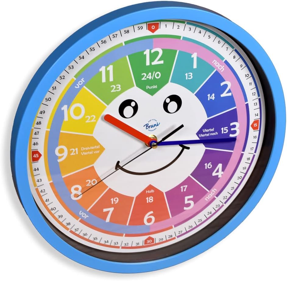 Bruni Kinderwanduhr ohne Tickgeräusche - Wanduhr zum Lernen für Kinder, als Uhr fürs Kinderzimmer ge