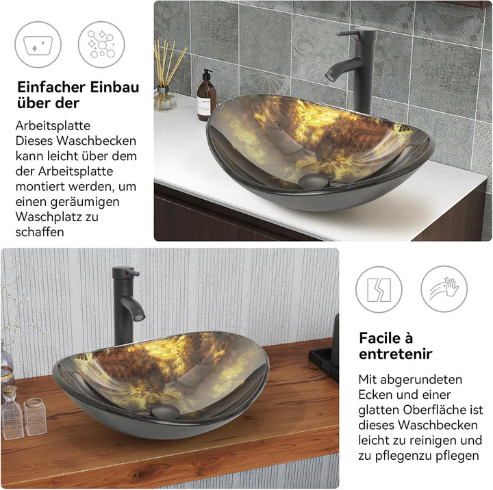 YU YUSING Waschbecken Glas Aufsatzwaschbecken Waschtisch, Oval Hand Waschschale mit Wasserhahn Set,