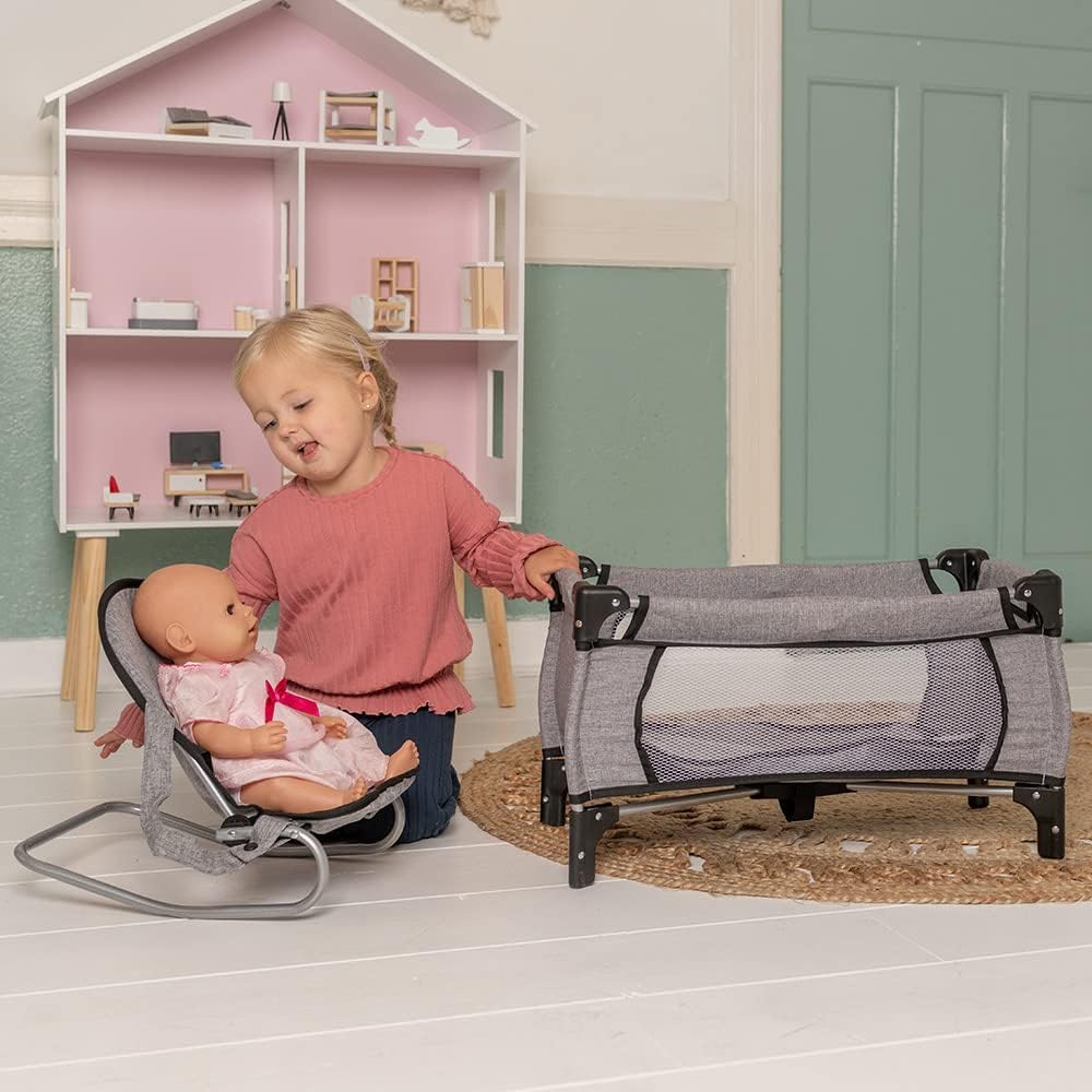 Bandits & Angels Puppenbett und Wippe Grey Angel – Grau Puppenmöbel – Stuhl mit Sicherheitsgurten un