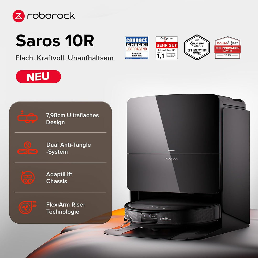 roborock Saros 10R Saugroboter mit Wischfunktion&angebbarem Wischmopp, 7,98cm Ultra-Slim Design, Sta