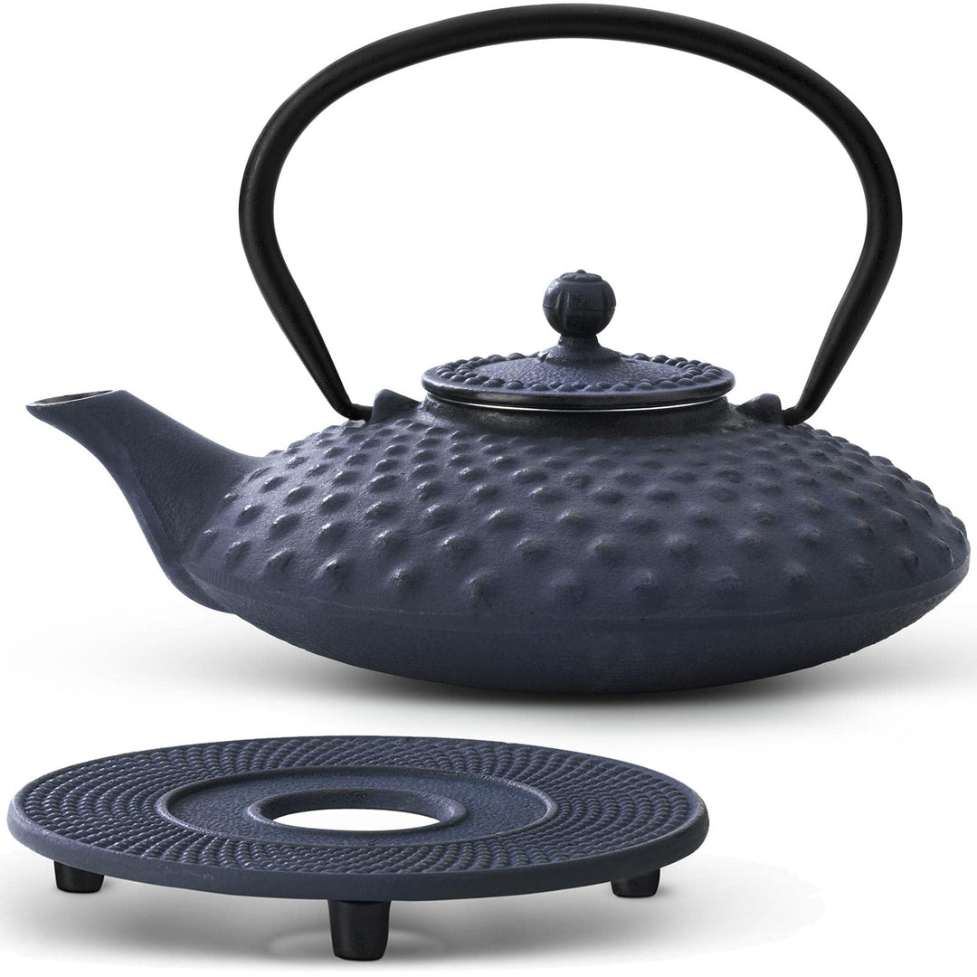 kleine blaue Asia Teekanne Gusseisen Set 0.8 Liter Teekessel mit Henkel & Edelstahl Tee-Filter-Sieb-