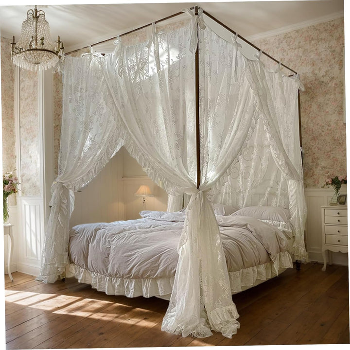 Himmelbett-Vorhänge, drei Öffnungen, Spitze, Prinzessinnen-Betthimmel, 4 Eckpfosten-Hängevorhänge mi