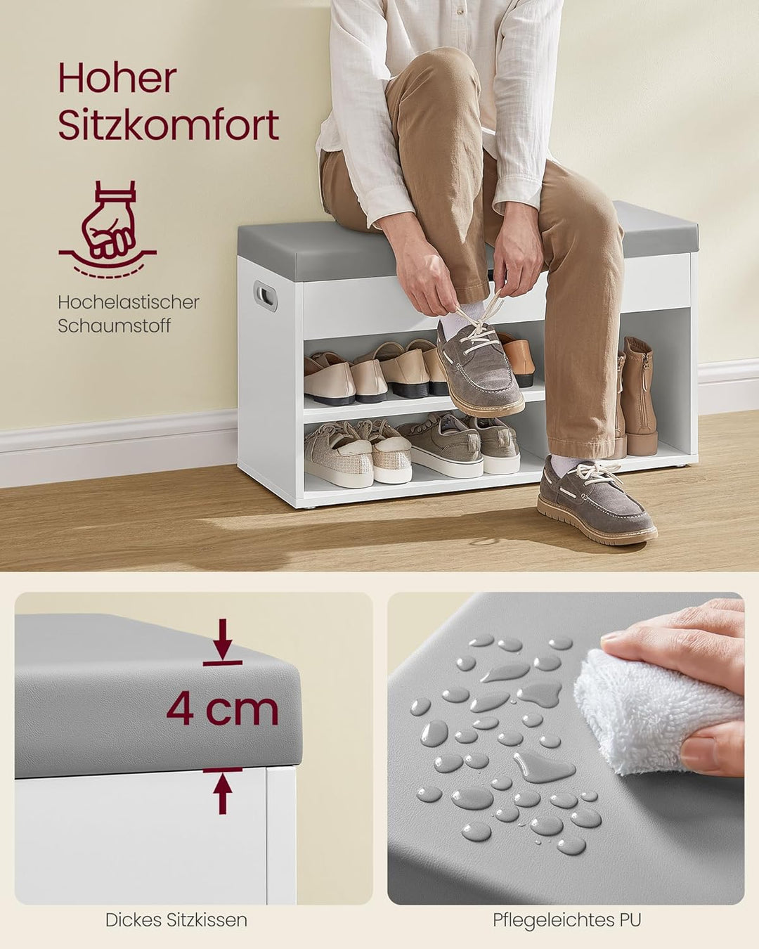 VASAGLE Schuhbank mit Sitzfläche, Sitzbank mit Stauraum, gepolstert, Fach unter Sitzkissen, Schuhreg