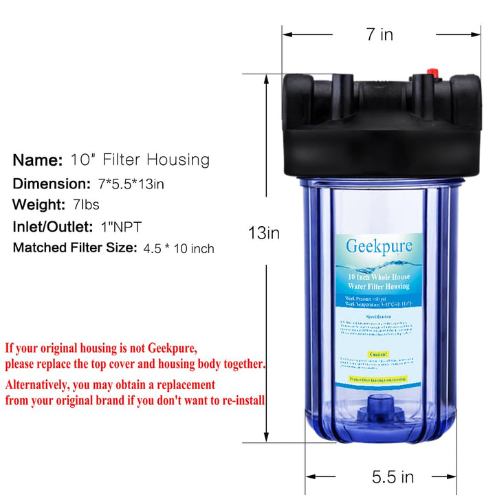 Geekpure 10-Zoll Grosses Wasserfilter Gehäuse 1-Zoll BSP Auslass/Einlass mit Schraubenschlüssel und