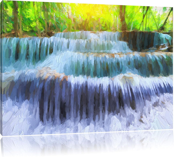 Pixxprint Wasserfall im Regenwald / 100x70cm Leinwandbild bespannt auf Holzrahmen/Wandbild Kunstdruc