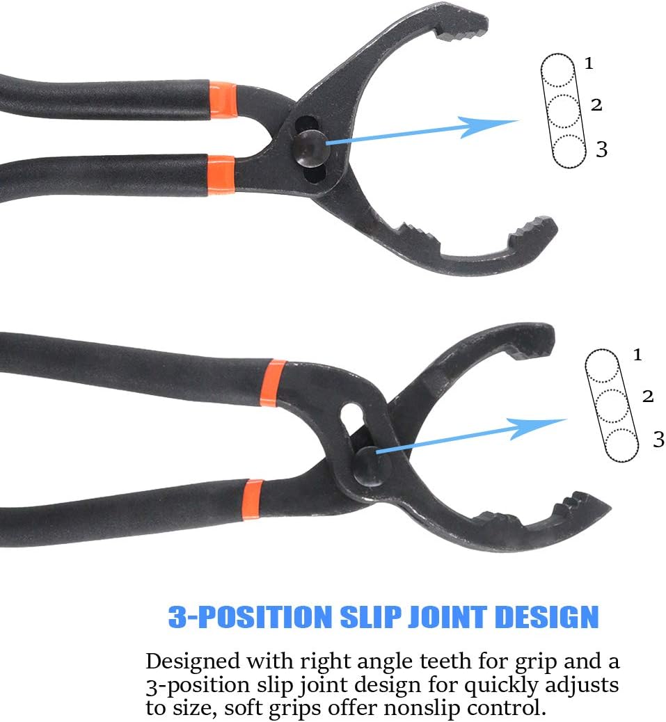 Glarks 2Pcs 10" and 12" Long Handle Grip Oil Filter Pliers Set Adjustable Angle Hand Oil Filter Wren