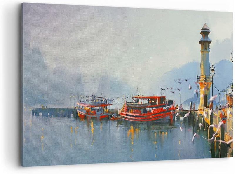 Bilder auf Leinwand 100x70cm Leinwandbild mit Rahmen Hafen Laterne Boot Gross Wanddeko Bild Schlafzi